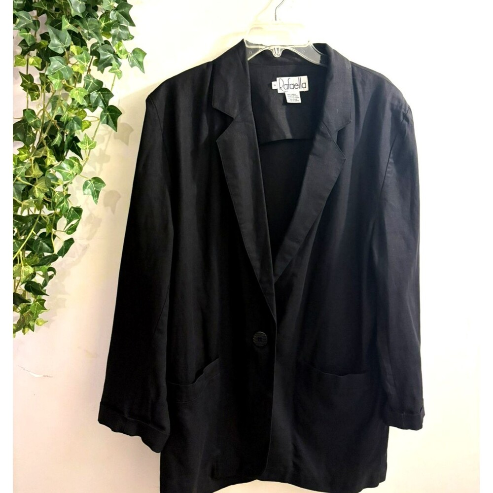 Vintage Linen Cotton Oversize Blazer Jacket Sz 14 Black One Button Officewear